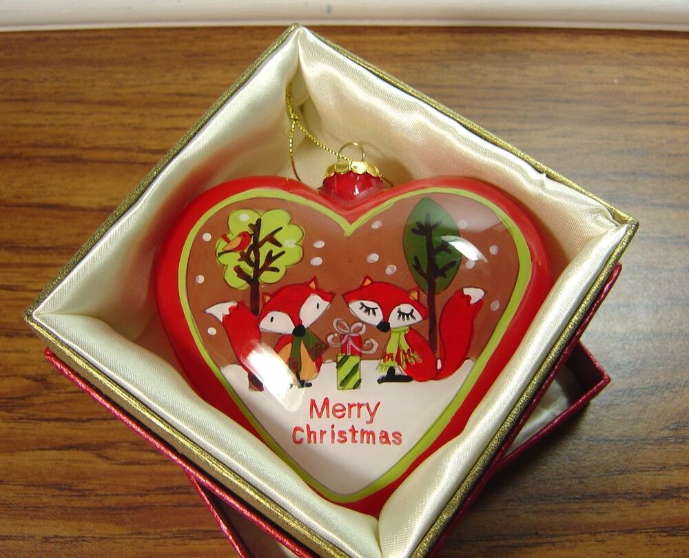 PIER 1 HAND PAINTED HEART SHAPED GLASS ORNAMENT-2014-FOXES & HEDGEHOG-WITH BOX